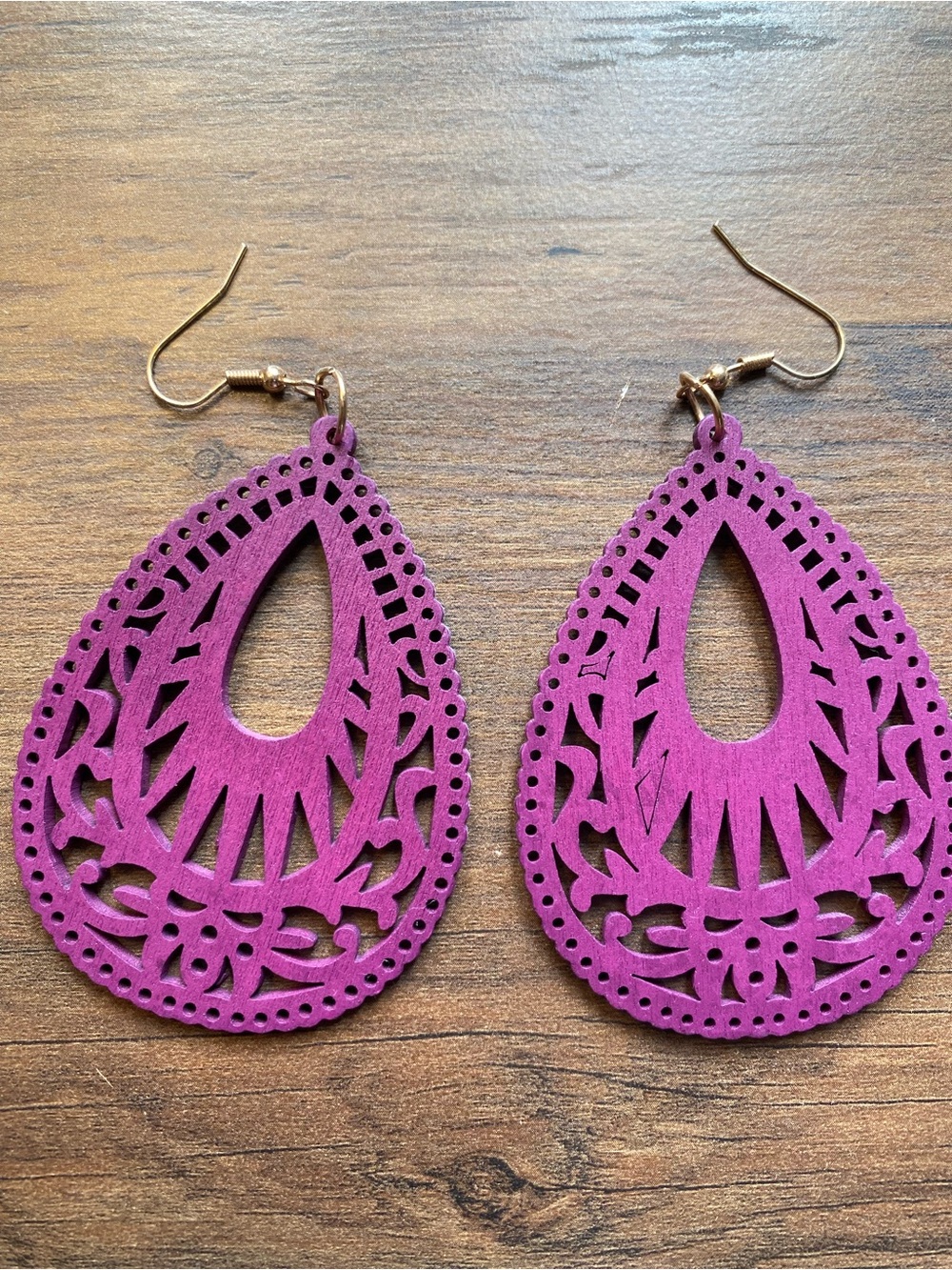 Purple Teardrop Filigree Wood Dangle Earrings